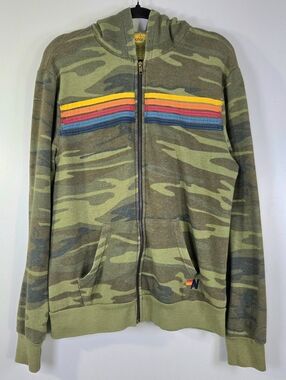 RARE AVIATOR NATION CAMO RAINBOW 5-STRIPE ZIP UP HOODIE.